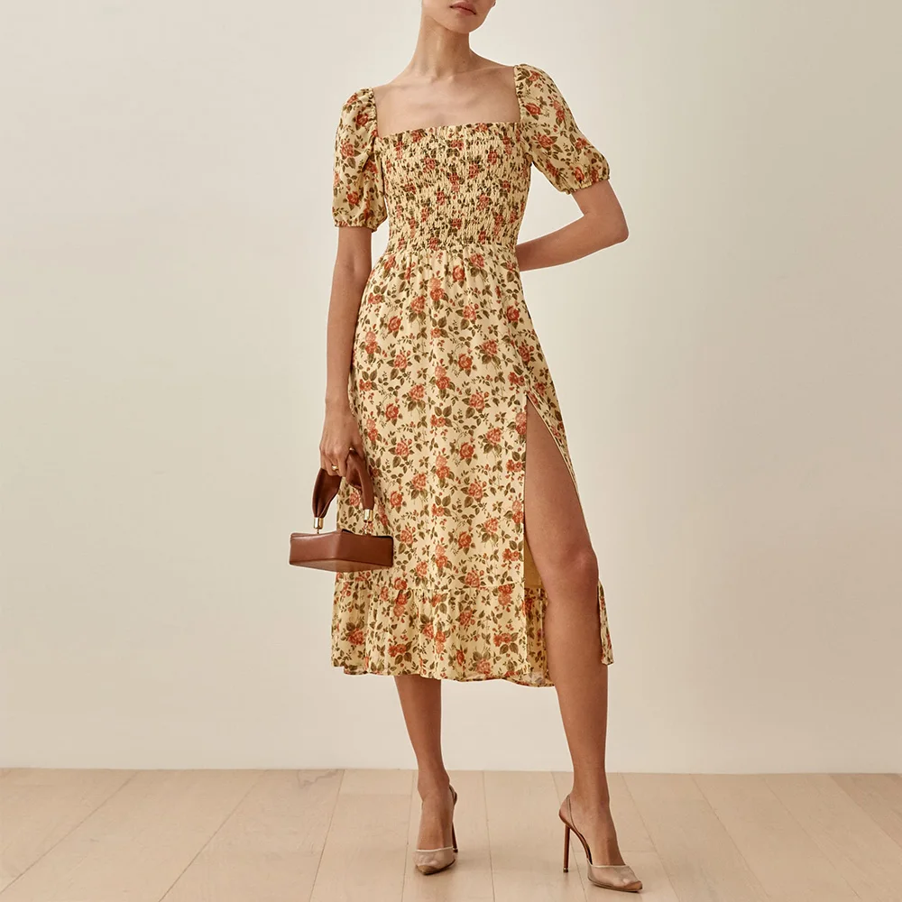 Summer Dresses For Women 2021 Elegant Vintage Floral Print Boho Beach Dress Square Neck Short Puff Sleeve Midi Dress With Slit
Summer Dresses For Women 2021 Elegant Vintage Floral Print Boho Beach Dress Square Neck Short Puff Sleeve Midi Dress With Slit