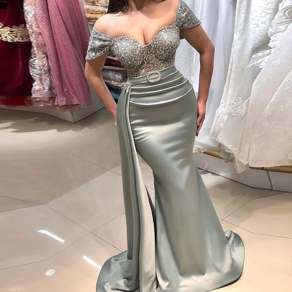 Silver Grey Lace Appliques Beaded Mermaid Evening Dresses Off Shoulder Detachable Peplum Women Formal Prom Party Dress robes de
Silver Grey Lace Appliques Beaded Mermaid Evening Dresses Off Shoulder Detachable Peplum Women Formal Prom Party Dress robes de