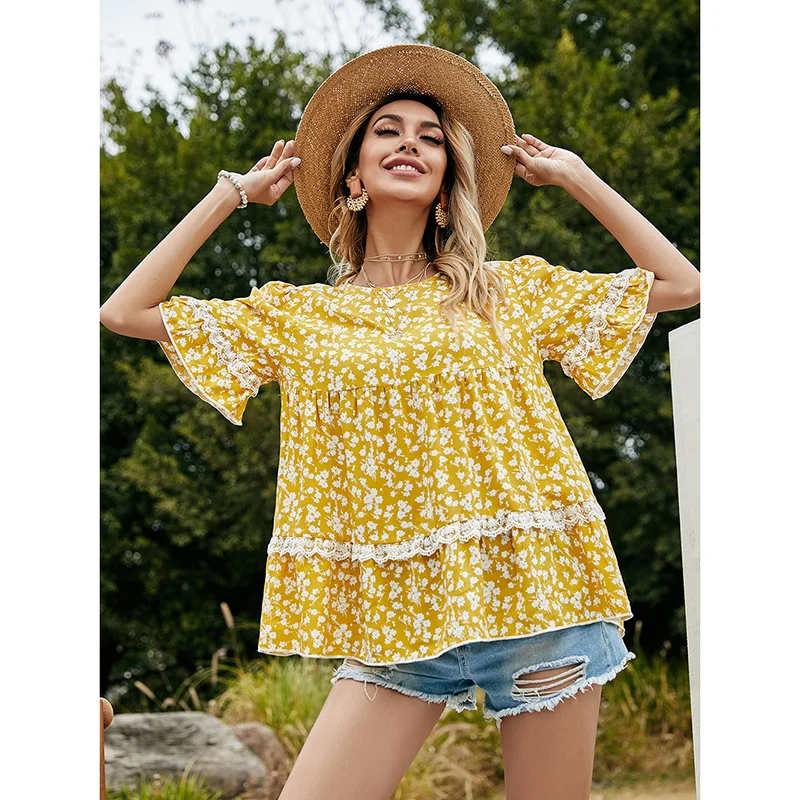 Floral Printing Blouse Women Casual Round Neck Basic Shirts Summer Short Sleeve Ruffles Lace Splicing Loose Elegant Yellow New
Floral Printing Blouse Women Casual Round Neck Basic Shirts Summer Short Sleeve Ruffles Lace Splicing Loose Elegant Yellow New