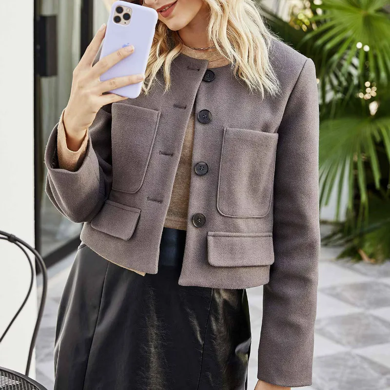 Women's Short Woolen Coat Solid O-Neck Single Breasted Big Pockets Women Jacket Office Lady Elegant Outwear Autumn Winter 2020
Women's Short Woolen Coat Solid O-Neck Single Breasted Big Pockets Women Jacket Office Lady Elegant Outwear Autumn Winter 2020