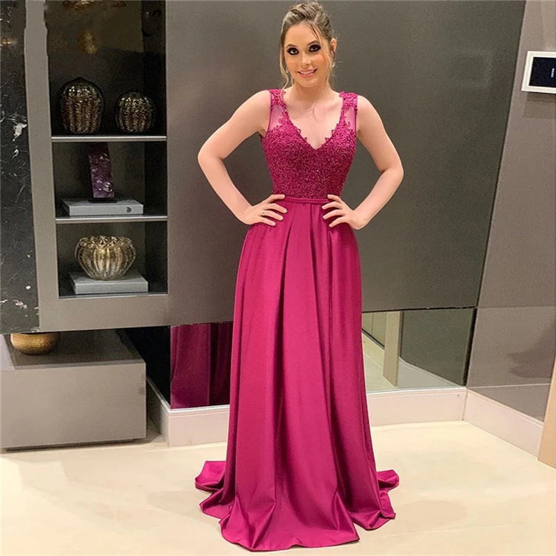 Eleagnt Sleeveless Lady Evening Dresses V-Neck Lace Applique Silk Satin Prom Dress With Zipper Back robe de soirée femme платье
Eleagnt Sleeveless Lady Evening Dresses V-Neck Lace Applique Silk Satin Prom Dress With Zipper Back robe de soirée femme платье