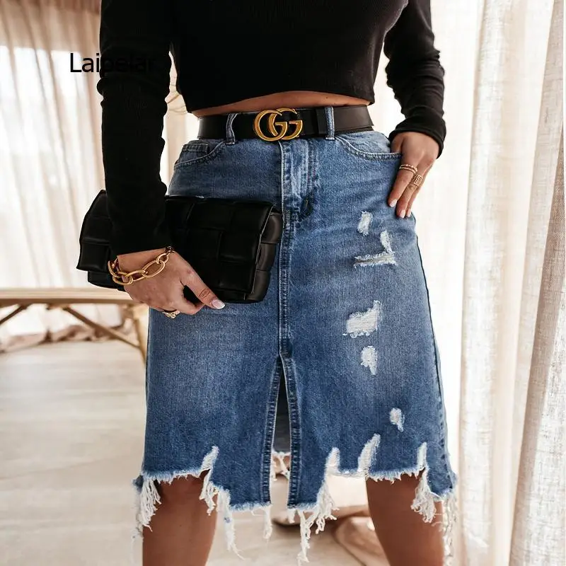 European and American Summer New Women's Fashion Retro Irregular Hole Fringed Denim Skirt Mid-length Skirt
European and American Summer New Women's Fashion Retro Irregular Hole Fringed Denim Skirt Mid-length Skirt