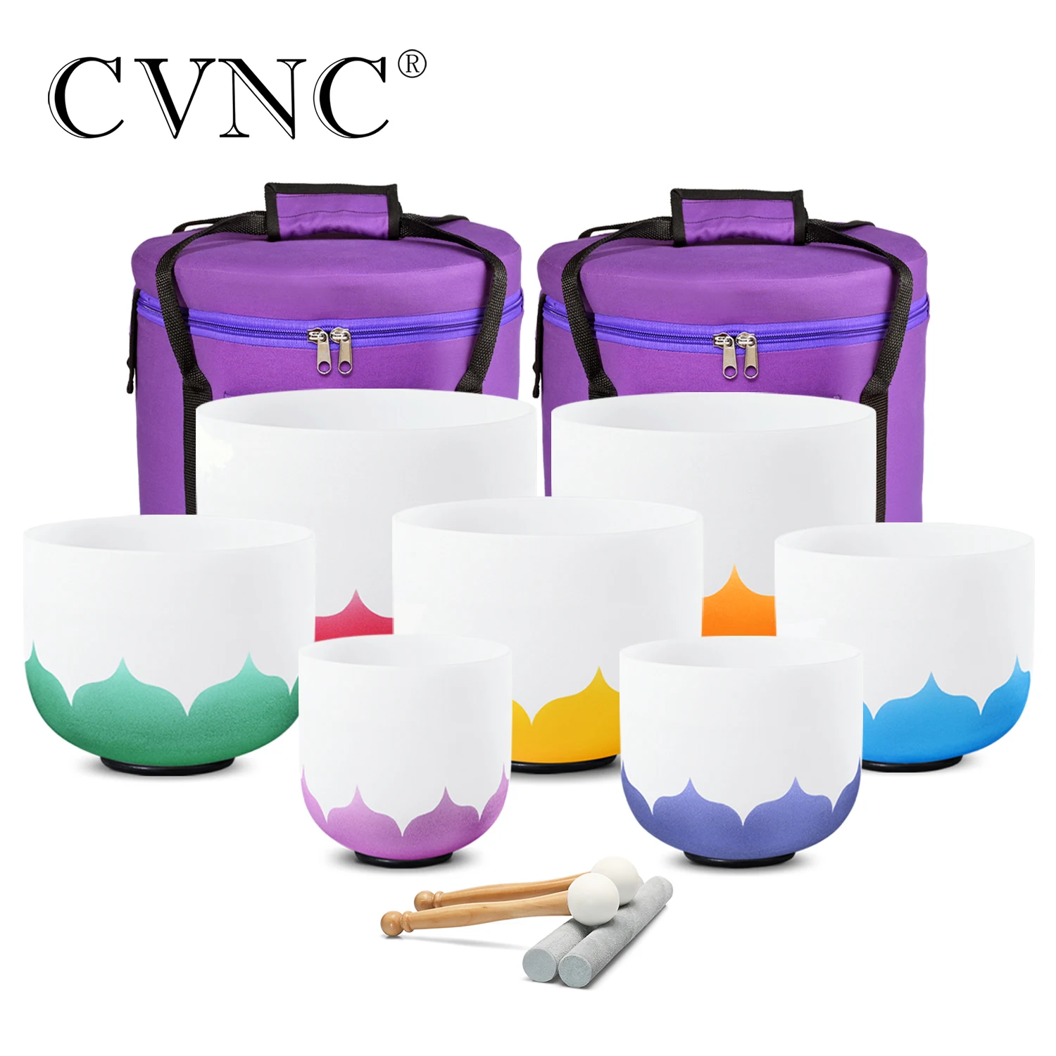 CVNC 6-12" Lotus Flower Design Chakra Frosted Quartz Crystal Singing Bowls CDEFGAB Note Set of 7pcs for Sound Healing with Bags
CVNC 6-12" Lotus Flower Design Chakra Frosted Quartz Crystal Singing Bowls CDEFGAB Note Set of 7pcs for Sound Healing with Bags