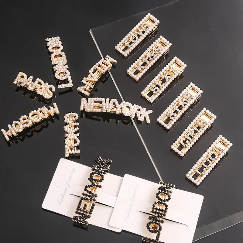 Hot Selling Pearl Crystal City Letter Hair Clip Korean Fashion Women Hair Accessories Metal Gold English Word Hair Clips
Hot Selling Pearl Crystal City Letter Hair Clip Korean Fashion Women Hair Accessories Metal Gold English Word Hair Clips