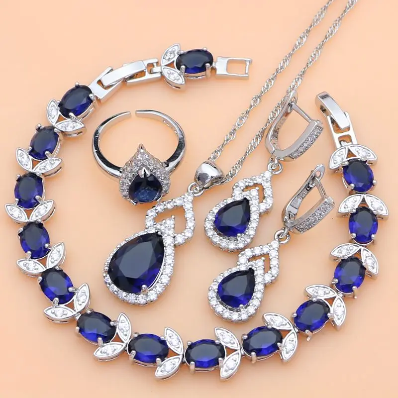 Blue Sapphire White Crystal 925 Sterling Silver Jewelry Sets for Bridal Open Rings/Earrings/Pendant/Necklace/Bracelet
Blue Sapphire White Crystal 925 Sterling Silver Jewelry Sets for Bridal Open Rings/Earrings/Pendant/Necklace/Bracelet