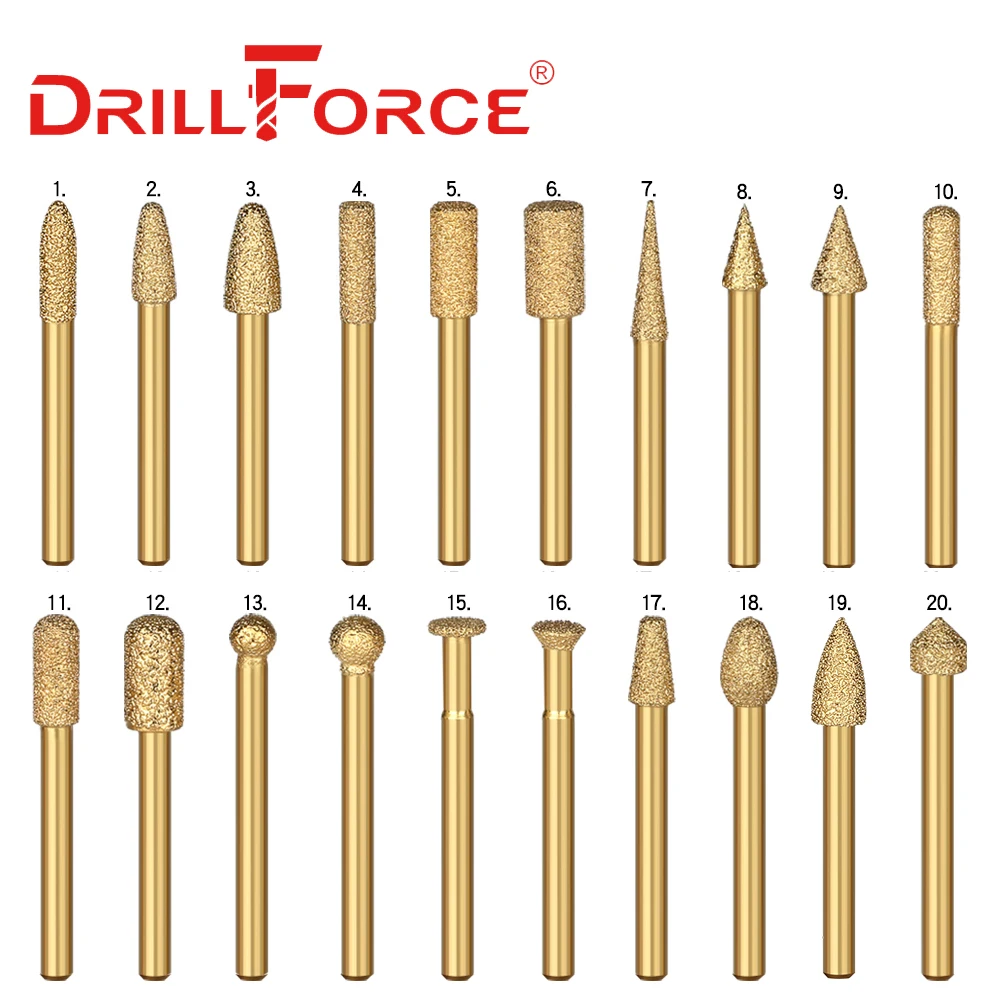 Drillforce Vacuum Brazed Diamond Burr Head Grinding Rotary File Stone Marble Granite Engraving CNC Machine Carving Router Bits
Drillforce Vacuum Brazed Diamond Burr Head Grinding Rotary File Stone Marble Granite Engraving CNC Machine Carving Router Bits