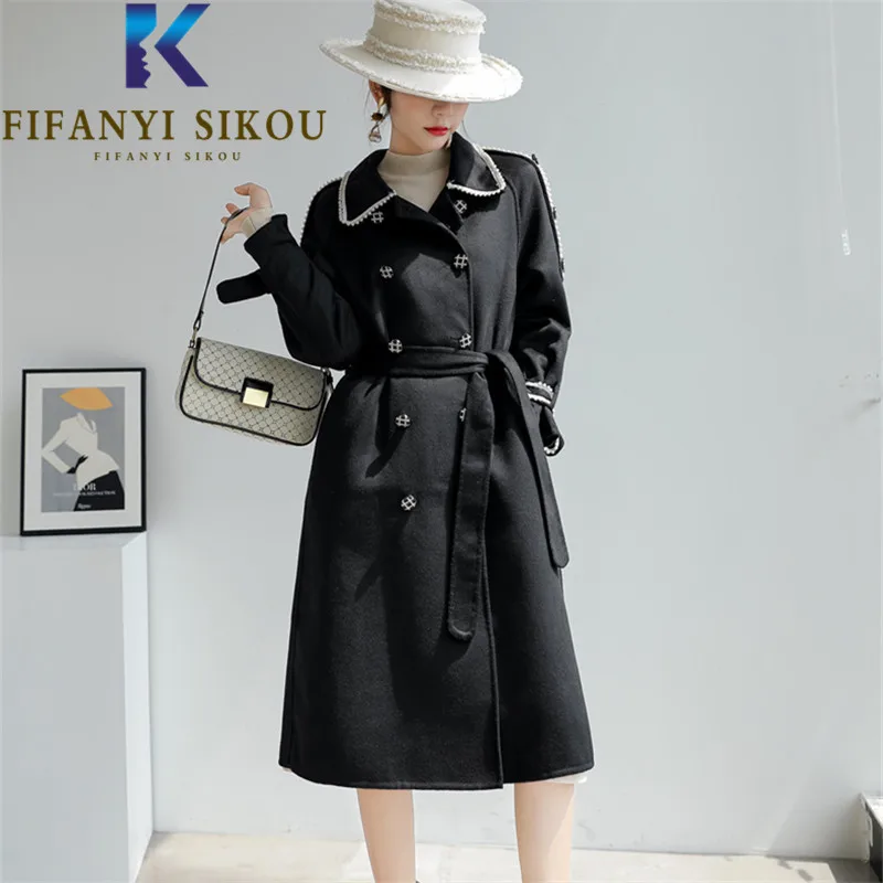 Black Wool Coat Women Double Breasted Lapel Beading Fashion Long Woolen Coat Ladies Elegant High Quality Winter Warm Overcoat
Black Wool Coat Women Double Breasted Lapel Beading Fashion Long Woolen Coat Ladies Elegant High Quality Winter Warm Overcoat