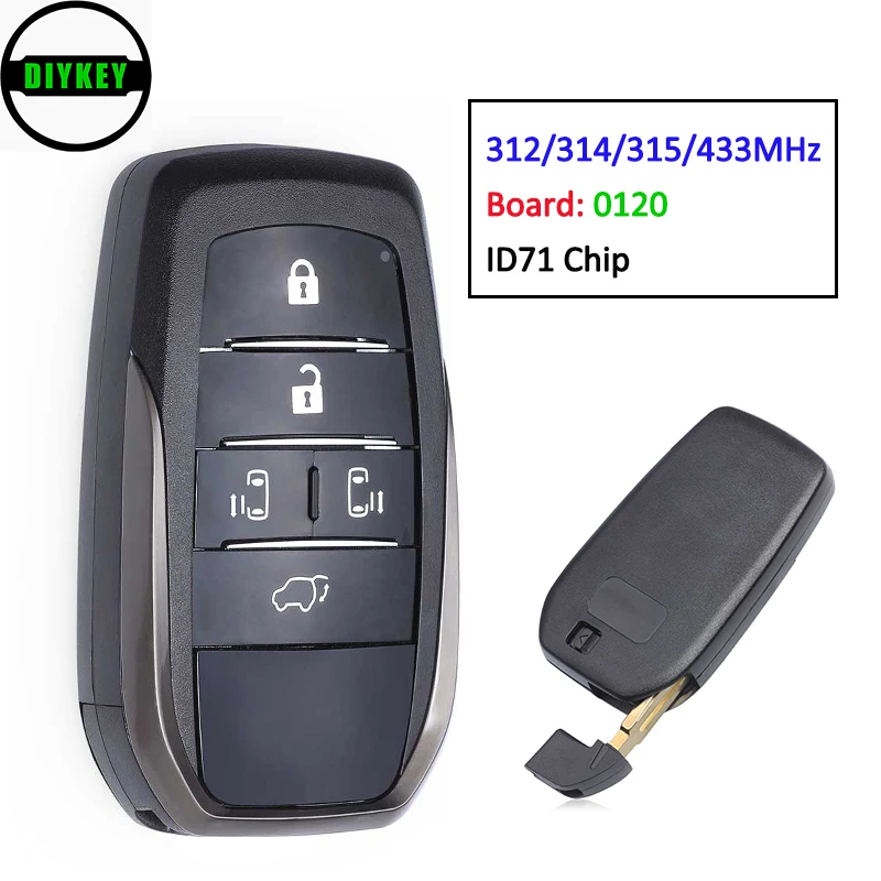 DIYKEY Smart 312/314MHz 315MHz 433MHz 5 Button Remote Car Key Fob for Toyota ALPHARD VELLFIRE ID71 Chip Board ID: 0120
DIYKEY Smart 312/314MHz 315MHz 433MHz 5 Button Remote Car Key Fob for Toyota ALPHARD VELLFIRE ID71 Chip Board ID: 0120