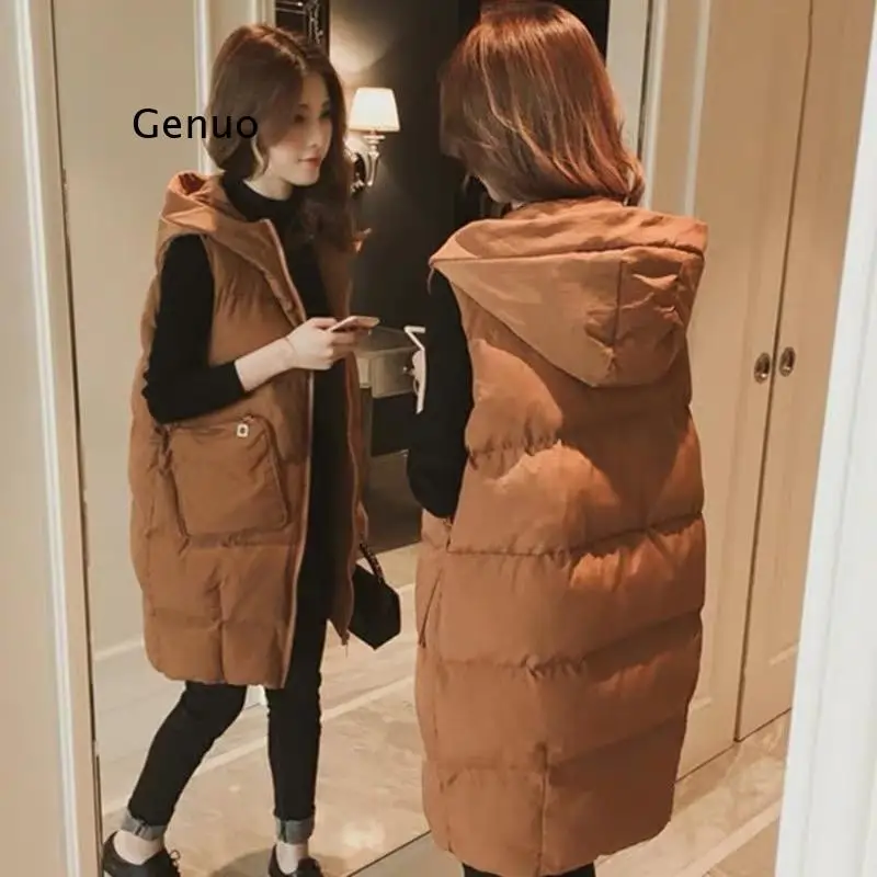 Hooded Down Cotton Vest Female Coat Winter Long Loose Large Size Waistcoat Vest Women Warm Thicken Pockets Vest Coat Solid
Hooded Down Cotton Vest Female Coat Winter Long Loose Large Size Waistcoat Vest Women Warm Thicken Pockets Vest Coat Solid