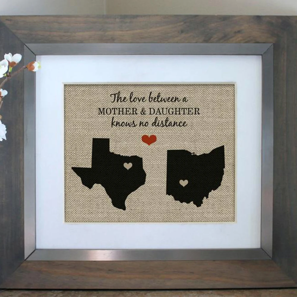 Burlap Custom Mothers Day Gift from daughter long distance personalized family gift, No Distance Sign Personalized Family map
Burlap Custom Mothers Day Gift from daughter long distance personalized family gift, No Distance Sign Personalized Family map