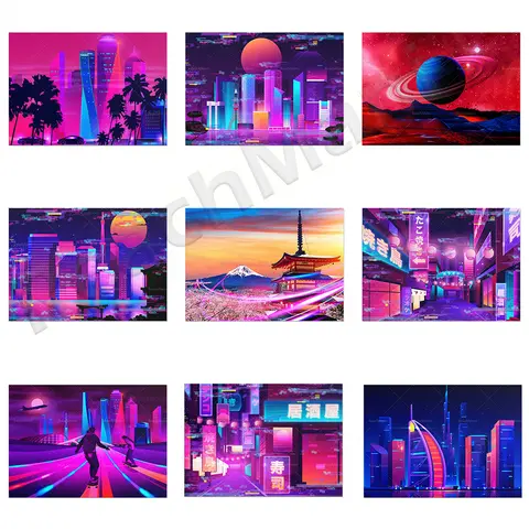 Synthwave Neon City:Tokyo Glitch-Poster — Sunset — Apollo Pyramid Home Decoration Canvas Wall Art Print