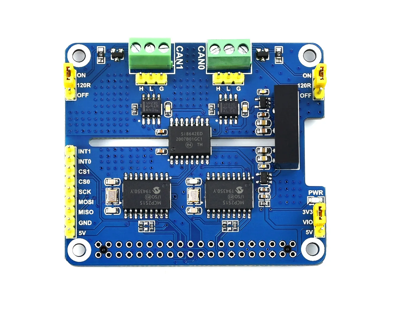 2-Channel Isolated CAN Expansion HAT for RPi, Dual Chips Solution,MCP2515 + SN65HVD230 Dual Chips Solution, With C / Python
2-Channel Isolated CAN Expansion HAT for RPi, Dual Chips Solution,MCP2515 + SN65HVD230 Dual Chips Solution, With C / Python