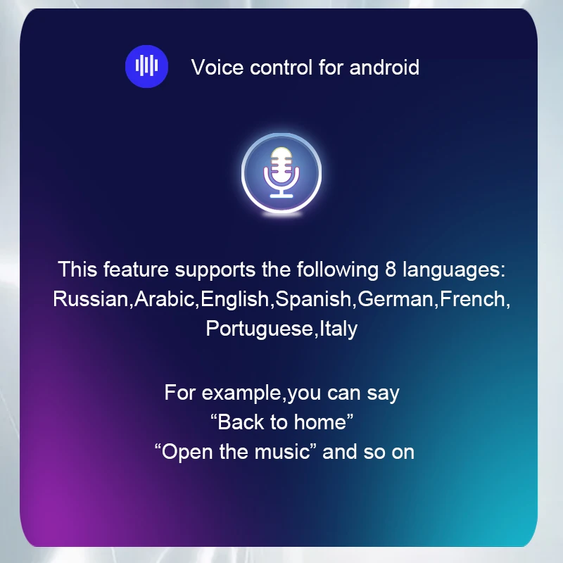 Voice control,support eight languages :Russian, Arabic, English, Spanish, German, French, Portuguese, Italian(Not sold separate)
Voice control,support eight languages :Russian, Arabic, English, Spanish, German, French, Portuguese, Italian(Not sold separate)
