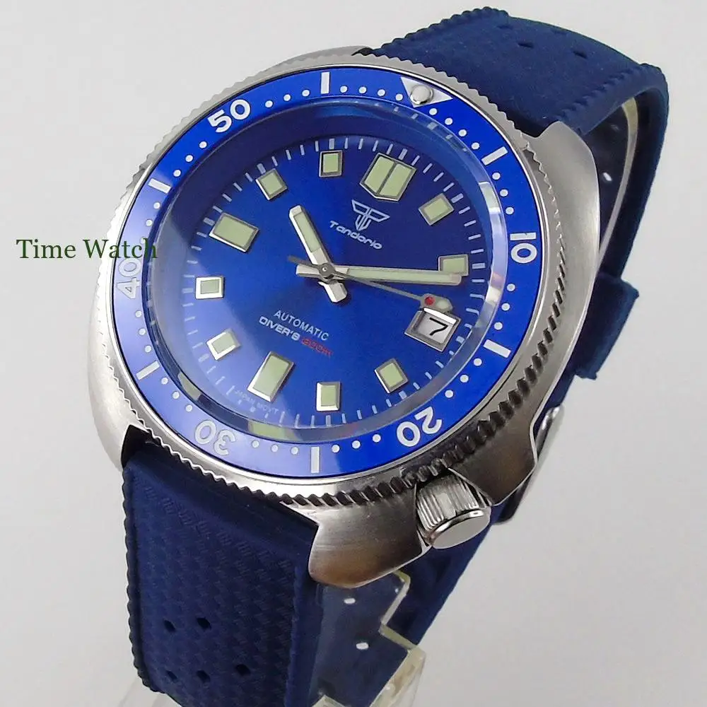 

Tandorio 44mm Diving Men's Watch PT5000/NH35A Blue Dial C3 Lume Hands Sapphire Crystal 200M Waterproof Rubber Strap Date