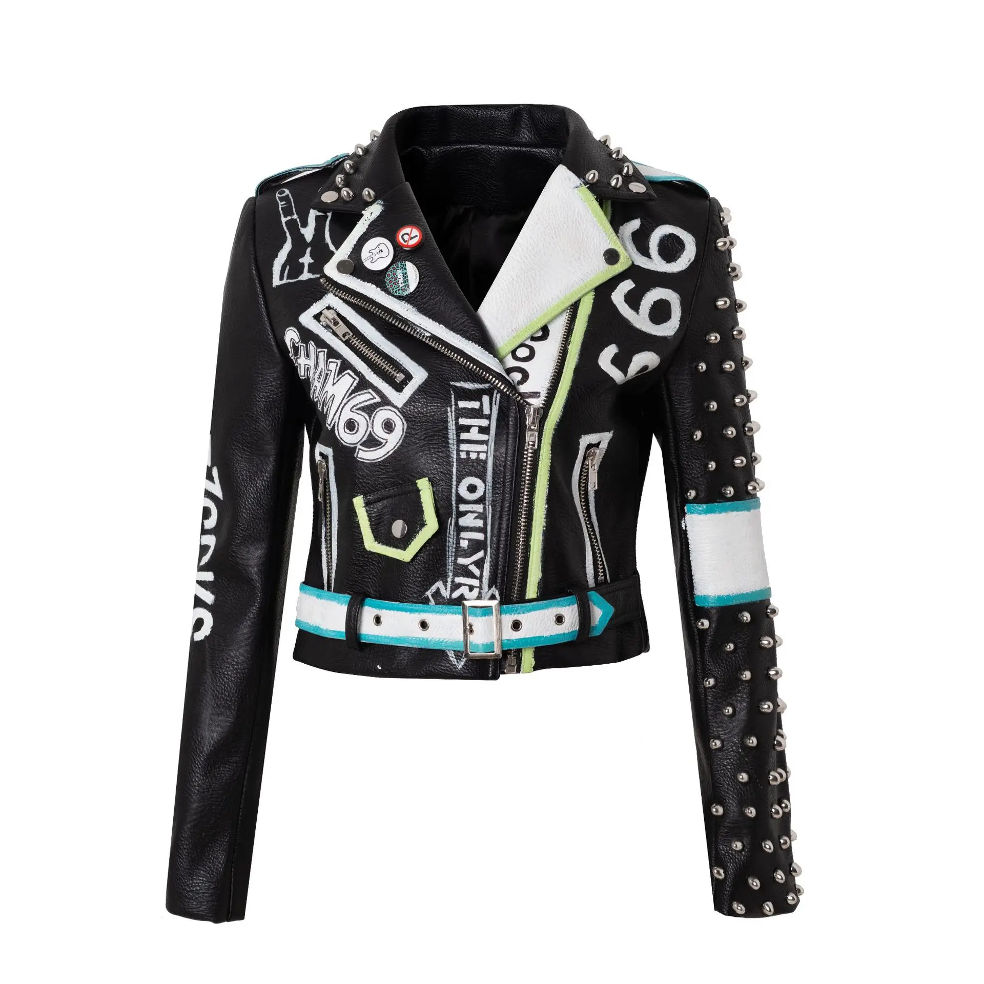 Spring and Autumn Women Punk Rock Leather Jacket with Belt Rivet Funny Printing Clowns Graffiti Motor Biker Clothing
Spring and Autumn Women Punk Rock Leather Jacket with Belt Rivet Funny Printing Clowns Graffiti Motor Biker Clothing