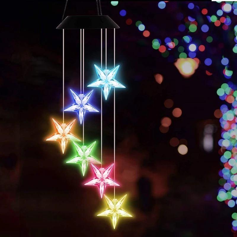 Six Star Solar Wind Chime Color Changing Solar LED Hanging Lamp Waterproof Solar Garden Light For Outdoor Garden Party Patio
Six Star Solar Wind Chime Color Changing Solar LED Hanging Lamp Waterproof Solar Garden Light For Outdoor Garden Party Patio