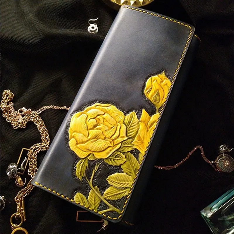 Handmade Yellow Wild Rose Wallets Lady Purses Women Long Clutch Vegetable Tanned Leather Wallet Card Holder
Handmade Yellow Wild Rose Wallets Lady Purses Women Long Clutch Vegetable Tanned Leather Wallet Card Holder