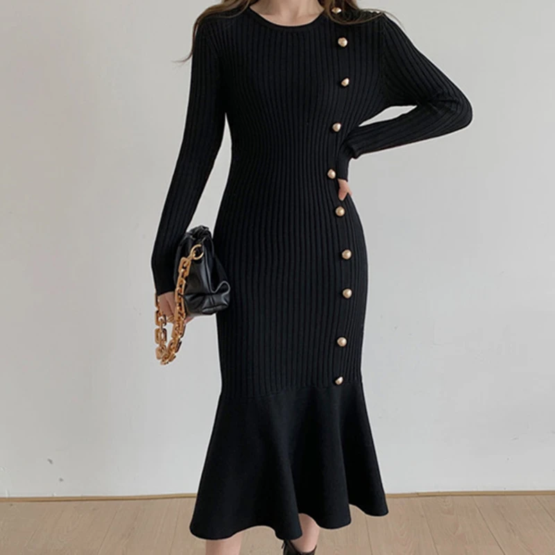 Black Dresses Warm Winter Clothes Woman Knitted Korean Bodycon Solid Single-breasted Thick Sweater Dress Women 2022 Elegant
Black Dresses Warm Winter Clothes Woman Knitted Korean Bodycon Solid Single-breasted Thick Sweater Dress Women 2022 Elegant