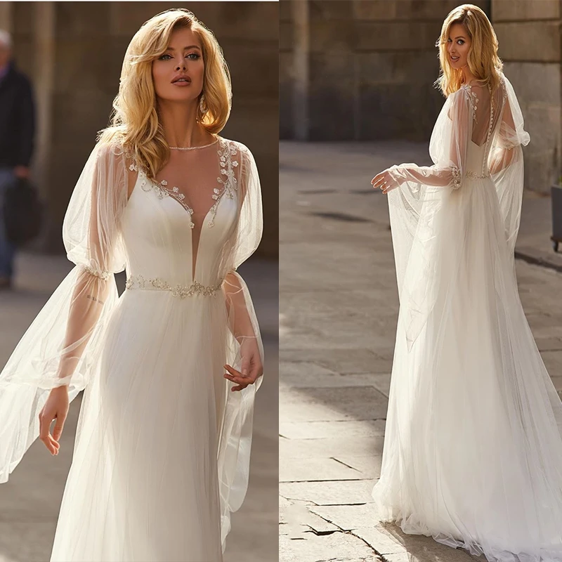 Wedding Dress Boho Bohemian V-Neck Long Sleeve Tulle Unique Design Floor Length Bridal Gowns With Crystal Beading For Women
Wedding Dress Boho Bohemian V-Neck Long Sleeve Tulle Unique Design Floor Length Bridal Gowns With Crystal Beading For Women