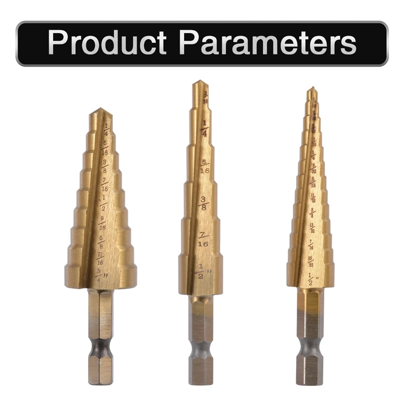 HOEN 3pcs Hex Shank Step Drill Bit HSS Steel Titanium Step Drill Bit Set Core Drill Bit Cone Set Hole Cutter For Woodworking
HOEN 3pcs Hex Shank Step Drill Bit HSS Steel Titanium Step Drill Bit Set Core Drill Bit Cone Set Hole Cutter For Woodworking