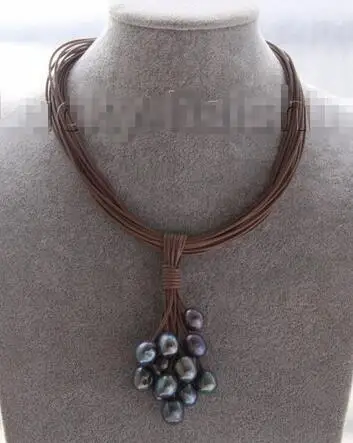 Choker 16" 15row 14mm peacock Black pearls coffee leather necklace
Choker 16" 15row 14mm peacock Black pearls coffee leather necklace