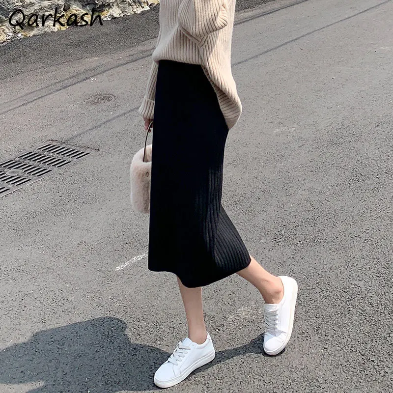 

Skirts Women Mujer Faldas Casual Pure Straight Mid-Calf Knitted Vintage Autumn Invierno 2021 New Feminino Bodycon Trendy College