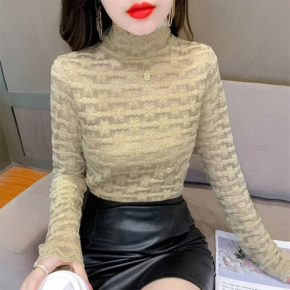 Autumn Winter Plus Fleece Women Lace Shirts Casual Korean Long Sleeve Blouses Ladies Half High Collar Slim Top T-Shirt MM1452
Autumn Winter Plus Fleece Women Lace Shirts Casual Korean Long Sleeve Blouses Ladies Half High Collar Slim Top T-Shirt MM1452
