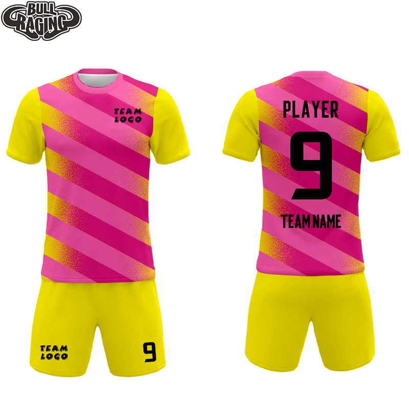 Girls Yellow Pink Strip Design Short Sleeve Polyester Breathable Soccer Jersey Kits
Girls Yellow Pink Strip Design Short Sleeve Polyester Breathable Soccer Jersey Kits