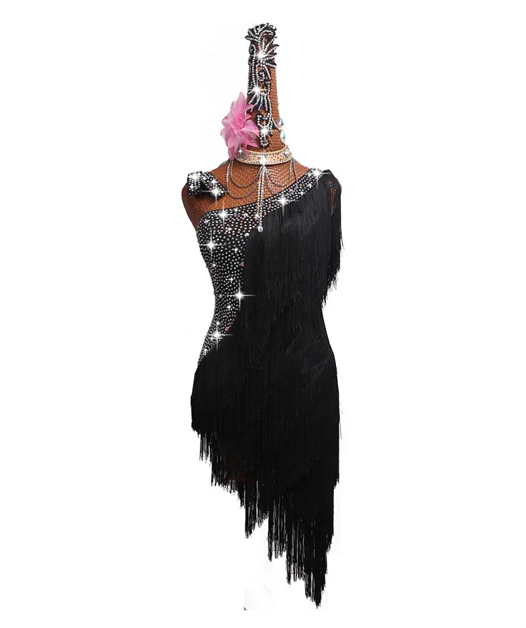 Latin dance dress competition dress black shoulder fringed skirt shiny #LD048
Latin dance dress competition dress black shoulder fringed skirt shiny #LD048
