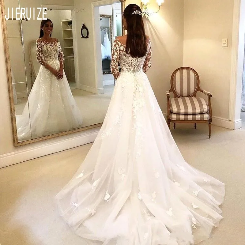 JIERUIZE Romantic Illusion Wedding Dresses Long Sleeve Scoop Neck Appliques Button Back Lace A Line Bobo Wedding Bridal Gowns
JIERUIZE Romantic Illusion Wedding Dresses Long Sleeve Scoop Neck Appliques Button Back Lace A Line Bobo Wedding Bridal Gowns