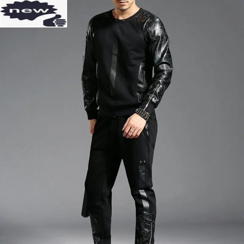 Men Clothes Two Piece Set Long Sleeve Pu Leather Splice Pullover Black Cotton T-Shirt Slim Fit Sweatpants Mens Casual Tracksuit
Men Clothes Two Piece Set Long Sleeve Pu Leather Splice Pullover Black Cotton T-Shirt Slim Fit Sweatpants Mens Casual Tracksuit