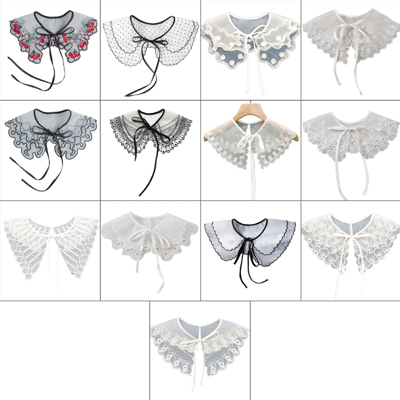 

Women Lolita Decorative Fake Collar Lace Shawl Capelet Hollow Embroidery Layered Dickey Self-Tie Ribbon Mesh Necklace