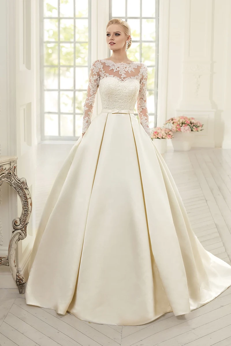 Satin Wedding Dresses with Pockets O-neck Long Sleeves Arabic Lace Wedding Dress Robe De Mariee Vestido De Noiva
Satin Wedding Dresses with Pockets O-neck Long Sleeves Arabic Lace Wedding Dress Robe De Mariee Vestido De Noiva