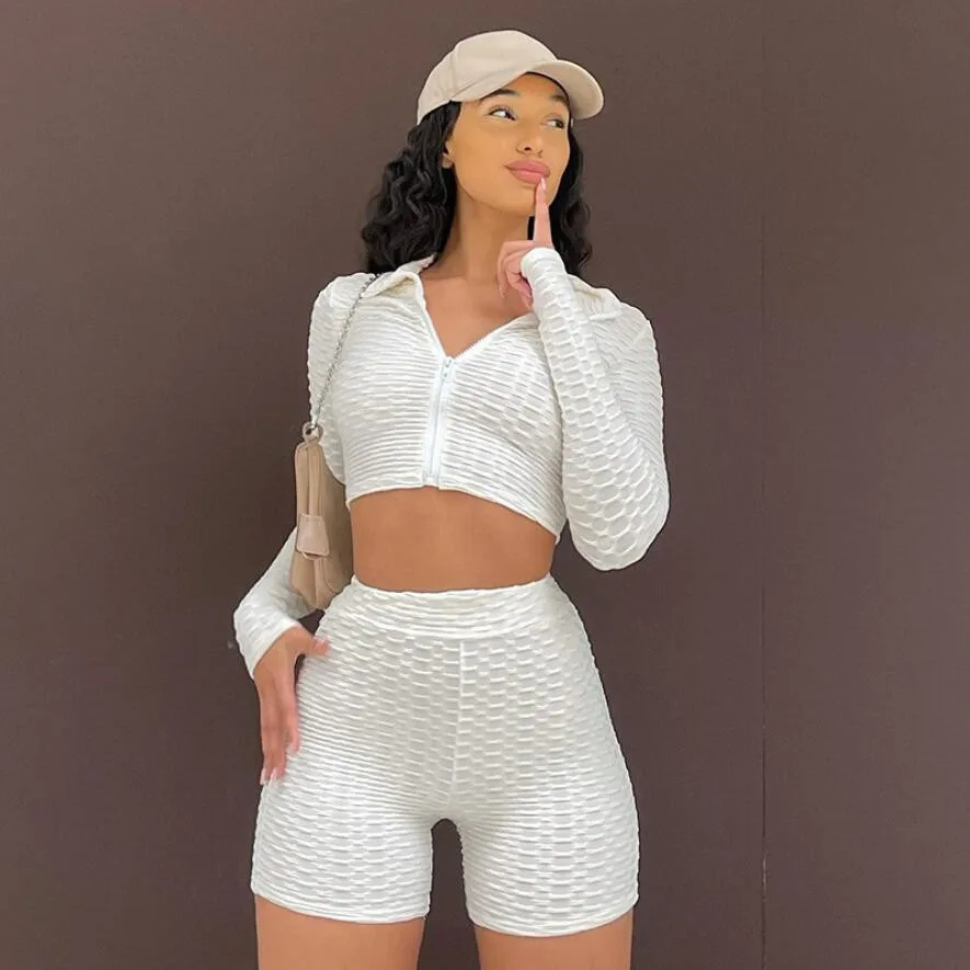 2 Pcs Sports Suit Female Solid Running Sets Zipper Turn-down Collar Long Sleeve Crop Tops+High Waist Shorts Women Tracksuit
2 Pcs Sports Suit Female Solid Running Sets Zipper Turn-down Collar Long Sleeve Crop Tops+High Waist Shorts Women Tracksuit