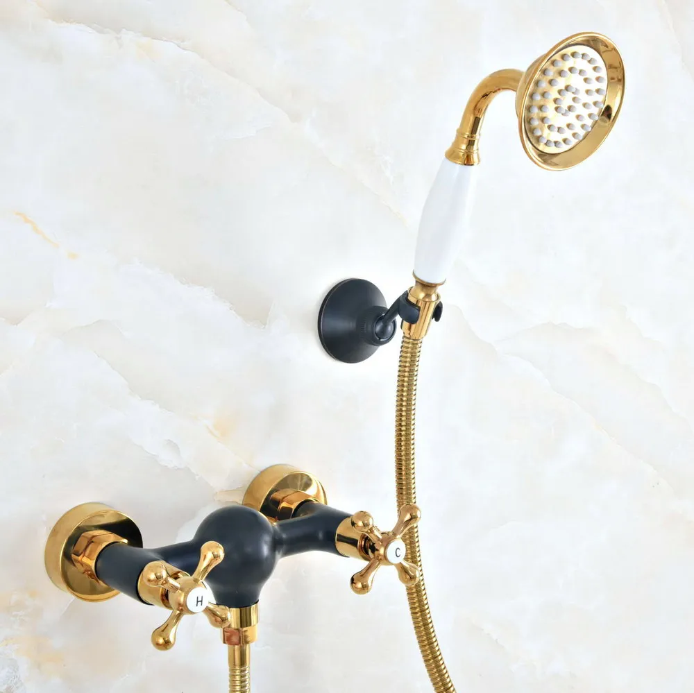 Gold & Black Oil Rubbed Brass Wall Mount Bathtub Faucet with Handheld Shower Set +1.5M Hose Mixer Tap 2na513
Gold & Black Oil Rubbed Brass Wall Mount Bathtub Faucet with Handheld Shower Set +1.5M Hose Mixer Tap 2na513
