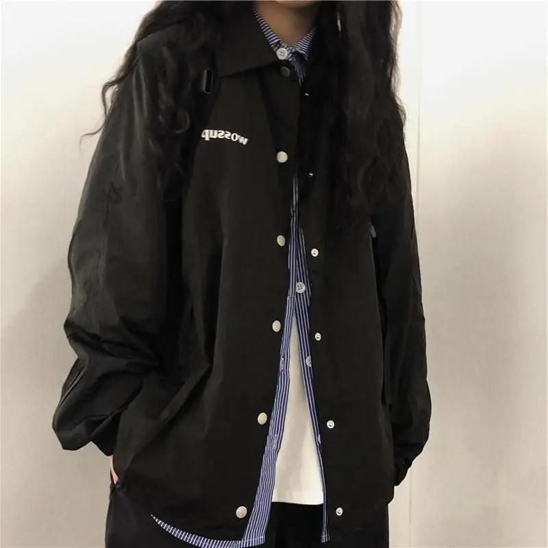 Autumn warp coat for women dark vintage loose Korean all-match preppy POLO collar button tactical shirt jacket letter print top
Autumn warp coat for women dark vintage loose Korean all-match preppy POLO collar button tactical shirt jacket letter print top