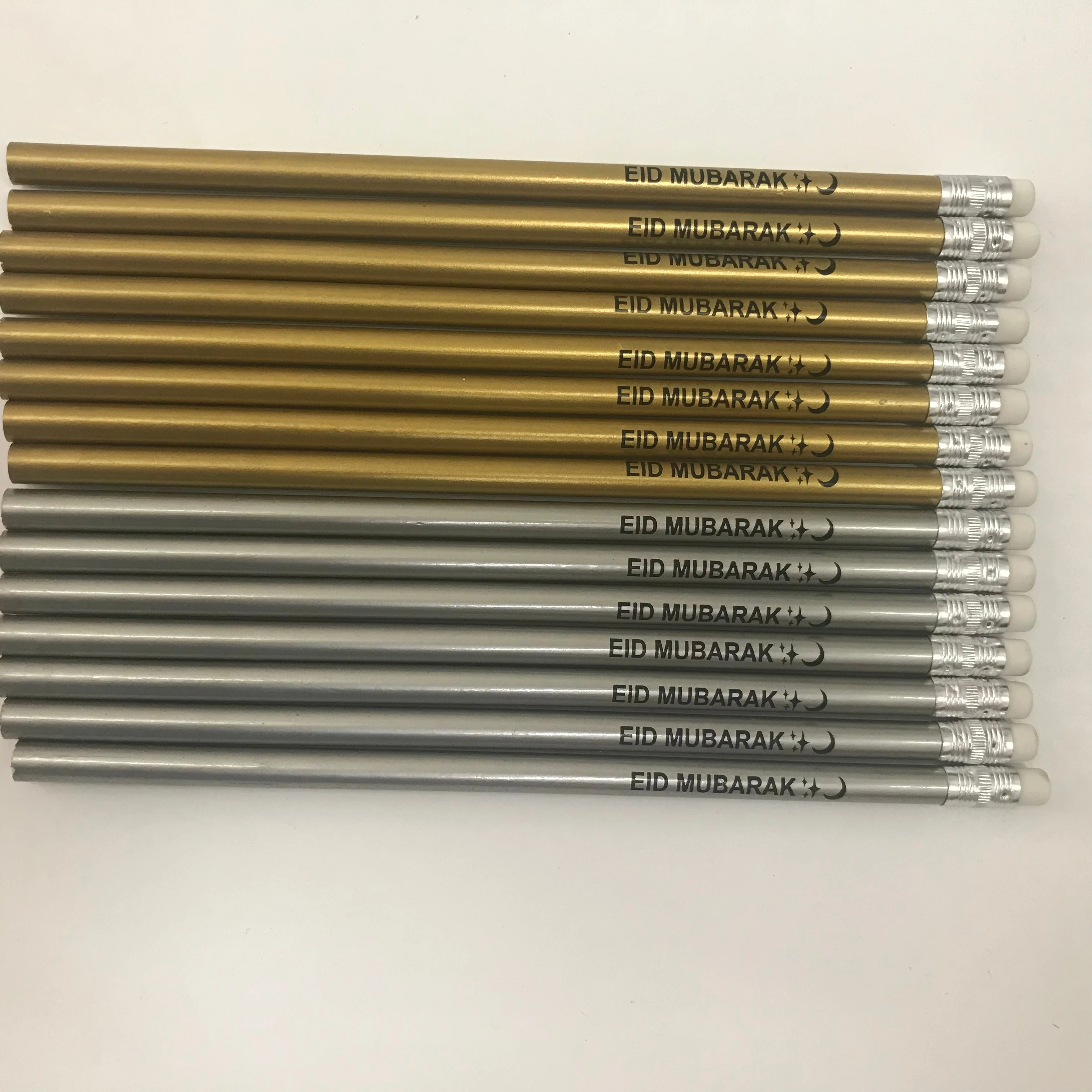 Low price wholesale high quality gold and silver colour wooden pencil with eraser printed custom logo name address
Low price wholesale high quality gold and silver colour wooden pencil with eraser printed custom logo name address