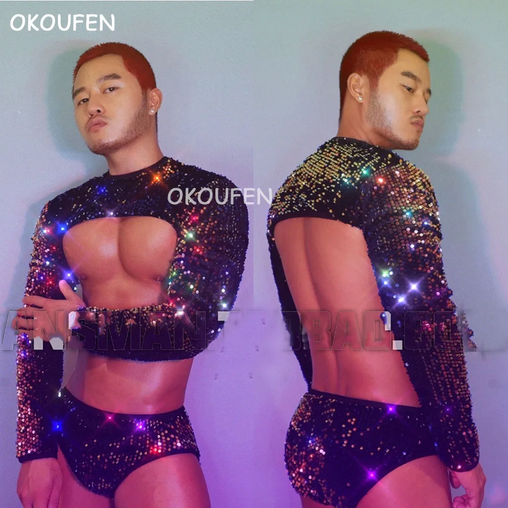 Nightclub bar male singer DS Costumes Sexy Sequins chest strap Party Theme performance costume Suit
Nightclub bar male singer DS Costumes Sexy Sequins chest strap Party Theme performance costume Suit