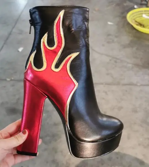 Trendy Women Black Red Shiny Flame Patchwork Ankle Boots Platform Round Toe Chunky Heel Short Boots Zip Up Leather Booties
Trendy Women Black Red Shiny Flame Patchwork Ankle Boots Platform Round Toe Chunky Heel Short Boots Zip Up Leather Booties