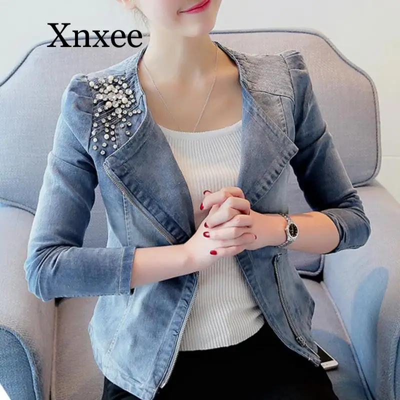 Women Denim Jackets Short Slim Pearl Bead Zipper Jeans Coat Female Elegant Office Short Coat Zipper Turn Down Collar Casual
Women Denim Jackets Short Slim Pearl Bead Zipper Jeans Coat Female Elegant Office Short Coat Zipper Turn Down Collar Casual