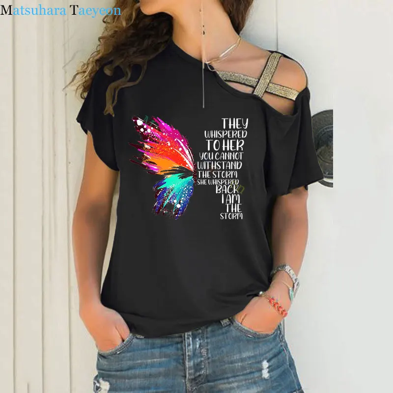 Colorful Butterfly T shirt For Woman summer Women's Tshirt Fashion Clothing Irregular Skew Cross Bandage Funny T-Shirts Tops
Colorful Butterfly T shirt For Woman summer Women's Tshirt Fashion Clothing Irregular Skew Cross Bandage Funny T-Shirts Tops