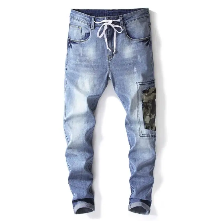 Camouflage Patch Men's Zipper Drawstring Jeans Male Casual Light Blue Slim Staight Stretch Denim Pants 8802-2
Camouflage Patch Men's Zipper Drawstring Jeans Male Casual Light Blue Slim Staight Stretch Denim Pants 8802-2