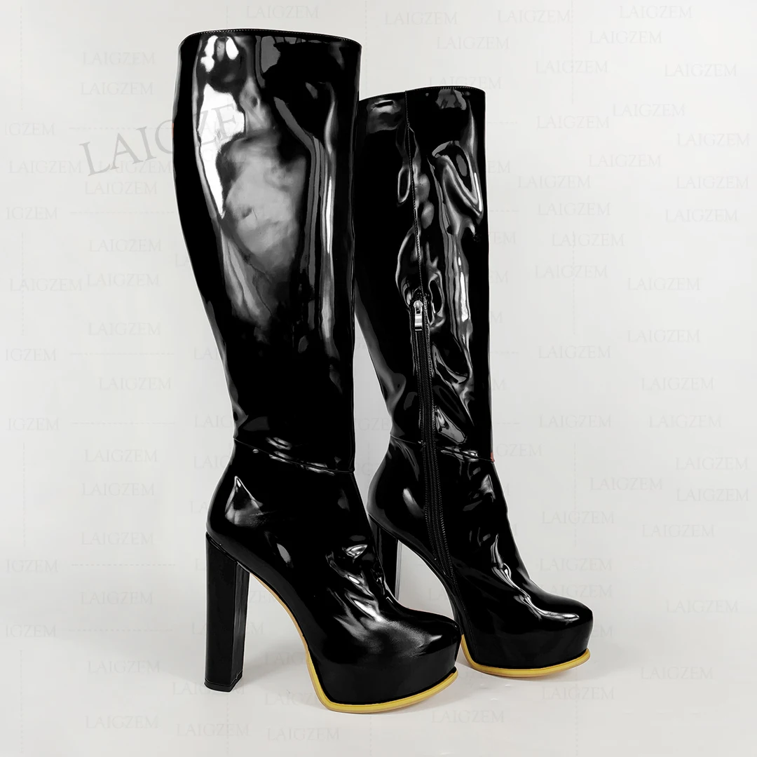 LAIGZEM Women Knee High Boots Platform Shiny Zip Up Block High Heels Boots Height Increase Ladies Shoes Woman Big Size 41 45 52
LAIGZEM Women Knee High Boots Platform Shiny Zip Up Block High Heels Boots Height Increase Ladies Shoes Woman Big Size 41 45 52