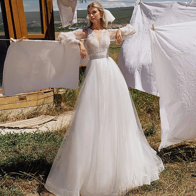 Morden Lace Long Sleeve Wedding Dress A-line Bridal Beach No Train Summer Bohemian Lace Tulle Wedding Gowns
Morden Lace Long Sleeve Wedding Dress A-line Bridal Beach No Train Summer Bohemian Lace Tulle Wedding Gowns