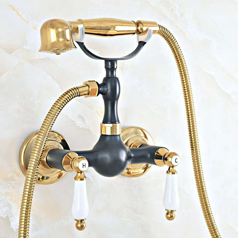 Gold & Black Oil Rubbed Brass Wall Mount Bathtub Faucet with Handheld Shower Set +1.5M Hose Mixer Tap 2na432
Gold & Black Oil Rubbed Brass Wall Mount Bathtub Faucet with Handheld Shower Set +1.5M Hose Mixer Tap 2na432