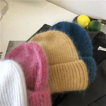 겨울 여성 모헤어 니트 모자, 두껍고 따뜻한 스포츠 스컬리 모자, 고로스, 토끼 모피 비니 모자, 모자, 고라스