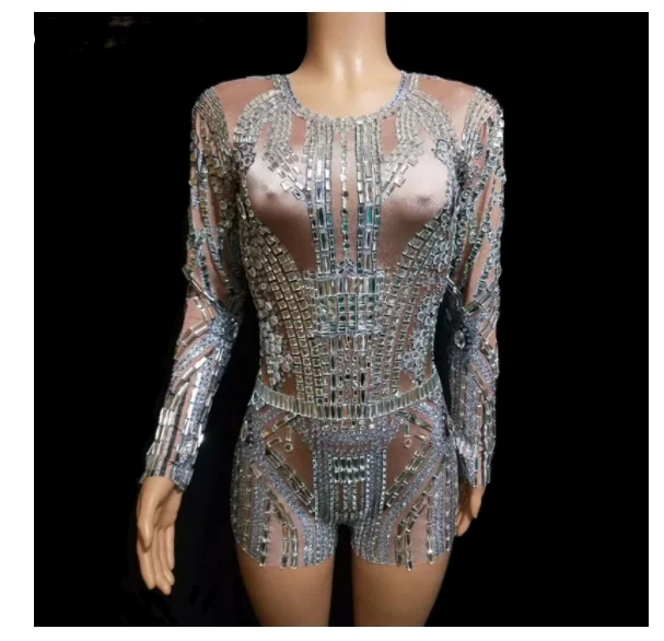 DJ Singer Dancer Nightclub Elastic Stage Wear Nightclub Costume Silver Full Rhinestones Long Sleeve Bodysuit Crystals Jumpsuit
DJ Singer Dancer Nightclub Elastic Stage Wear Nightclub Costume Silver Full Rhinestones Long Sleeve Bodysuit Crystals Jumpsuit