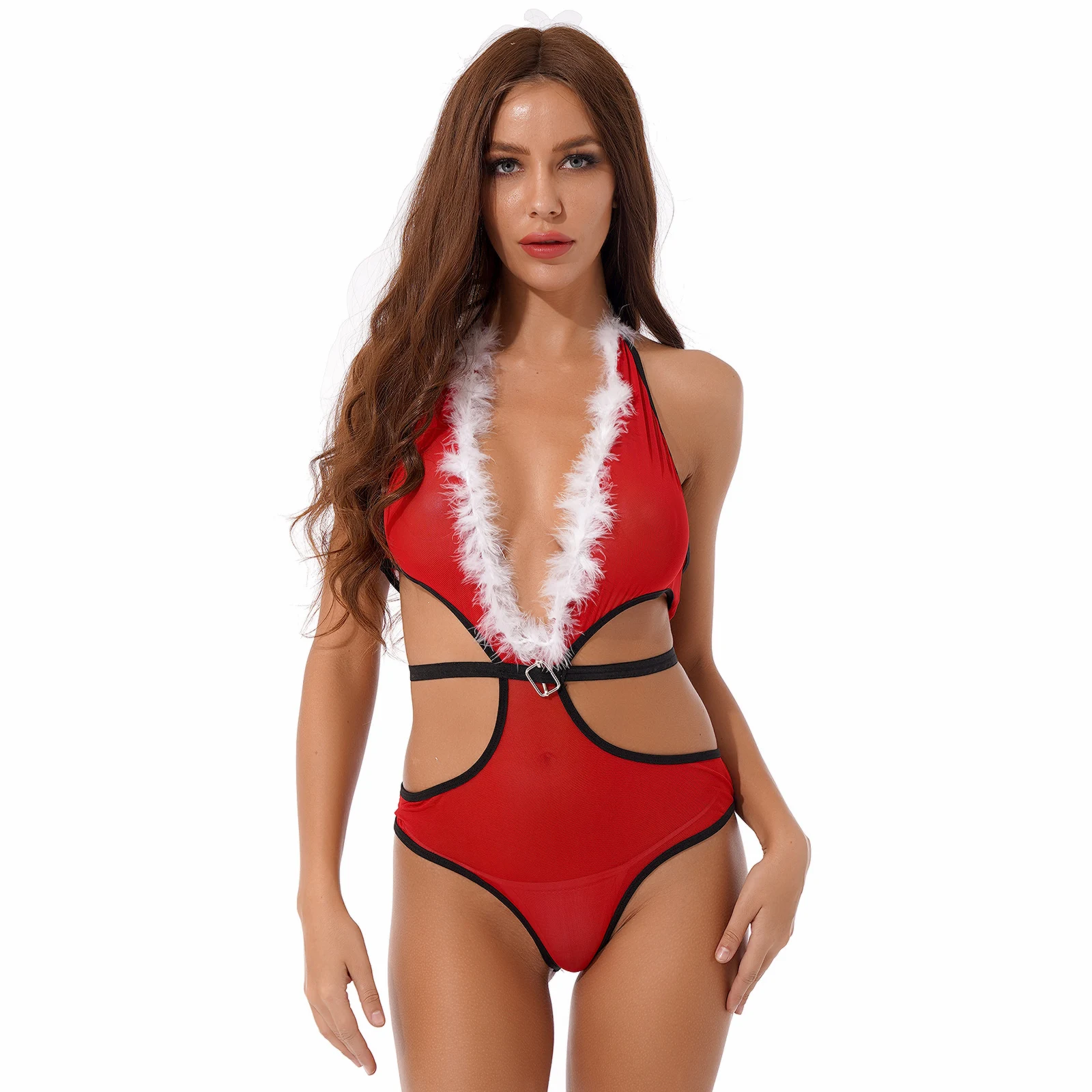Women Sissy Halter Lace-up See-through Bodysuit Christmas Lingerie Dating Nightwear Faux Fur Trim Plunging Neckline Leotard
Women Sissy Halter Lace-up See-through Bodysuit Christmas Lingerie Dating Nightwear Faux Fur Trim Plunging Neckline Leotard