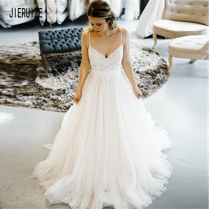 JIERUIZE Spaghetti StrapsWedding Dresses Sleeveless Lace Appliques backless Long Tulle Beach Bridal Dresses Vestido De Noiva
JIERUIZE Spaghetti StrapsWedding Dresses Sleeveless Lace Appliques backless Long Tulle Beach Bridal Dresses Vestido De Noiva