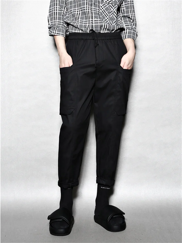 Hong Kong style men's original multi-pocket simple overalls dark black tapered feet cropped trousers
Hong Kong style men's original multi-pocket simple overalls dark black tapered feet cropped trousers